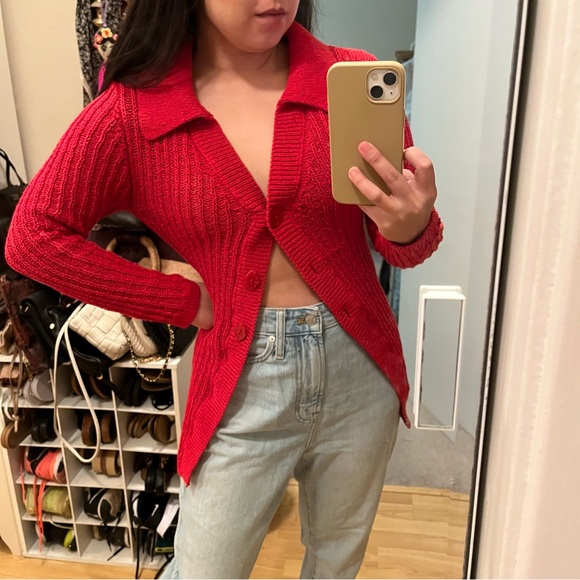 H&M Red Open Knit Cotton Blend Collared Button Down Long Cardigan size XS - Picture 5 of 13